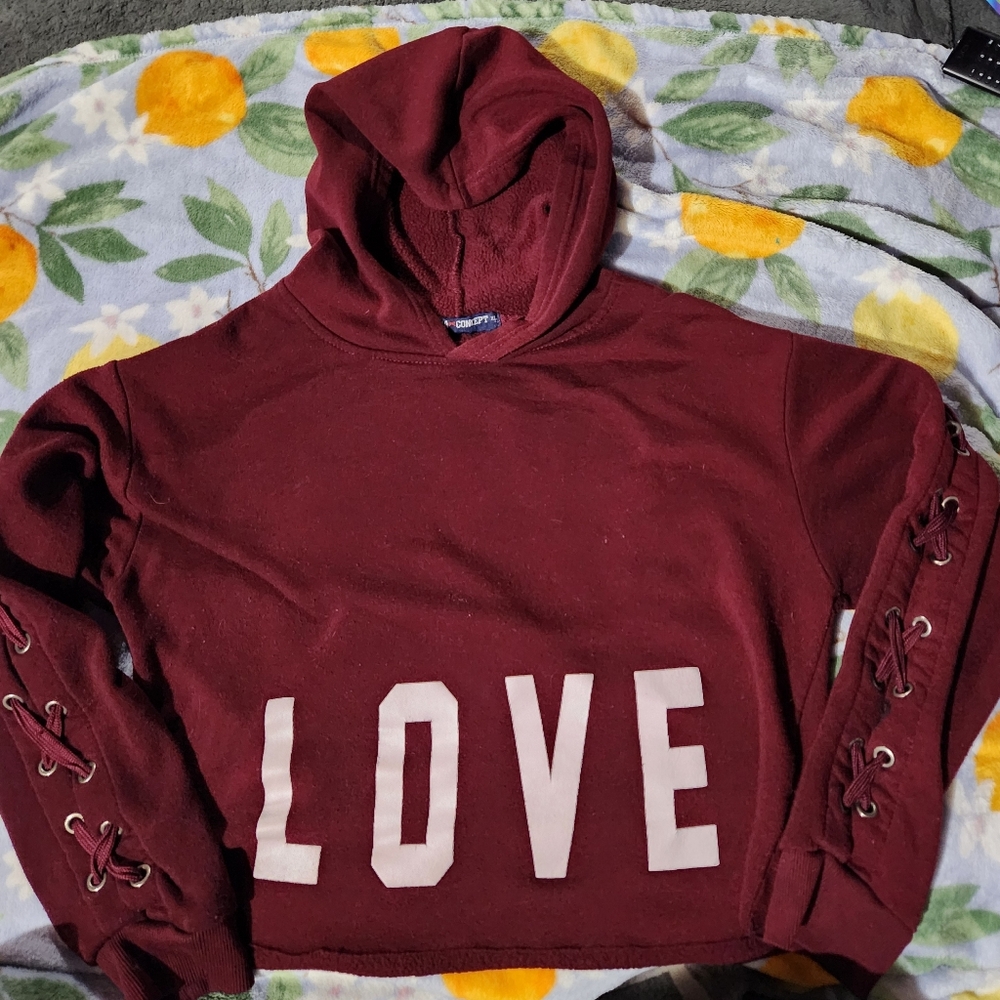 Roma Concept Crop Burgundy Hoodie Lace Up Sleeves Detail Size XL